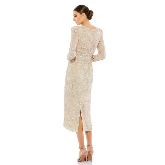 Mac Duggal 93593 Sequined V Neck Bishop Long Sleeve Dress Nude NWT! - Picture 3 of 14